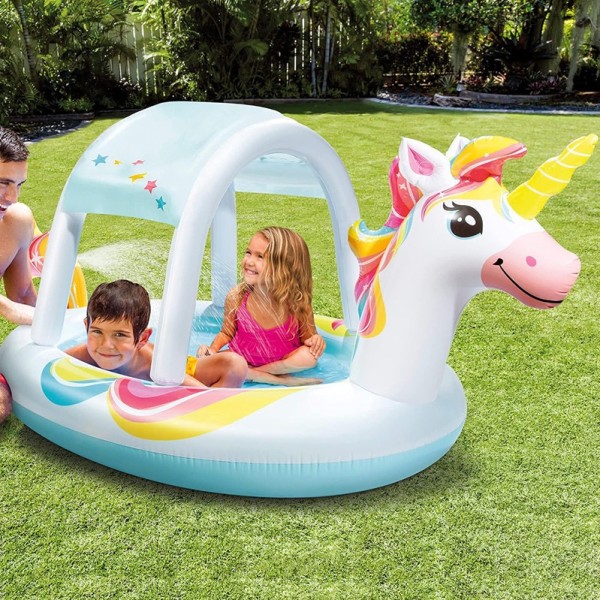 Piscina hinchable infantil modelo unicornio con rociador, 254 x 132 x 109 cm
