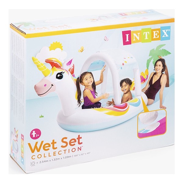 Piscina hinchable infantil modelo unicornio con rociador, 254 x 132 x 109 cm